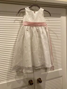 Kid's Dream White Dress with Pink Satin Waistband and Flower Accents